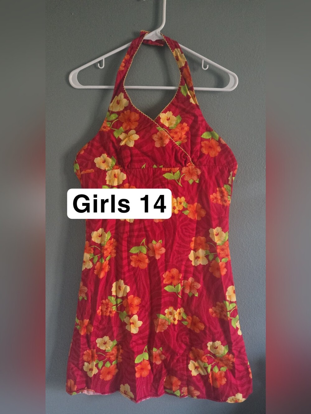 Copper Key Girls Floral Halter Dress in Red, Yellow and Orange Floral Design